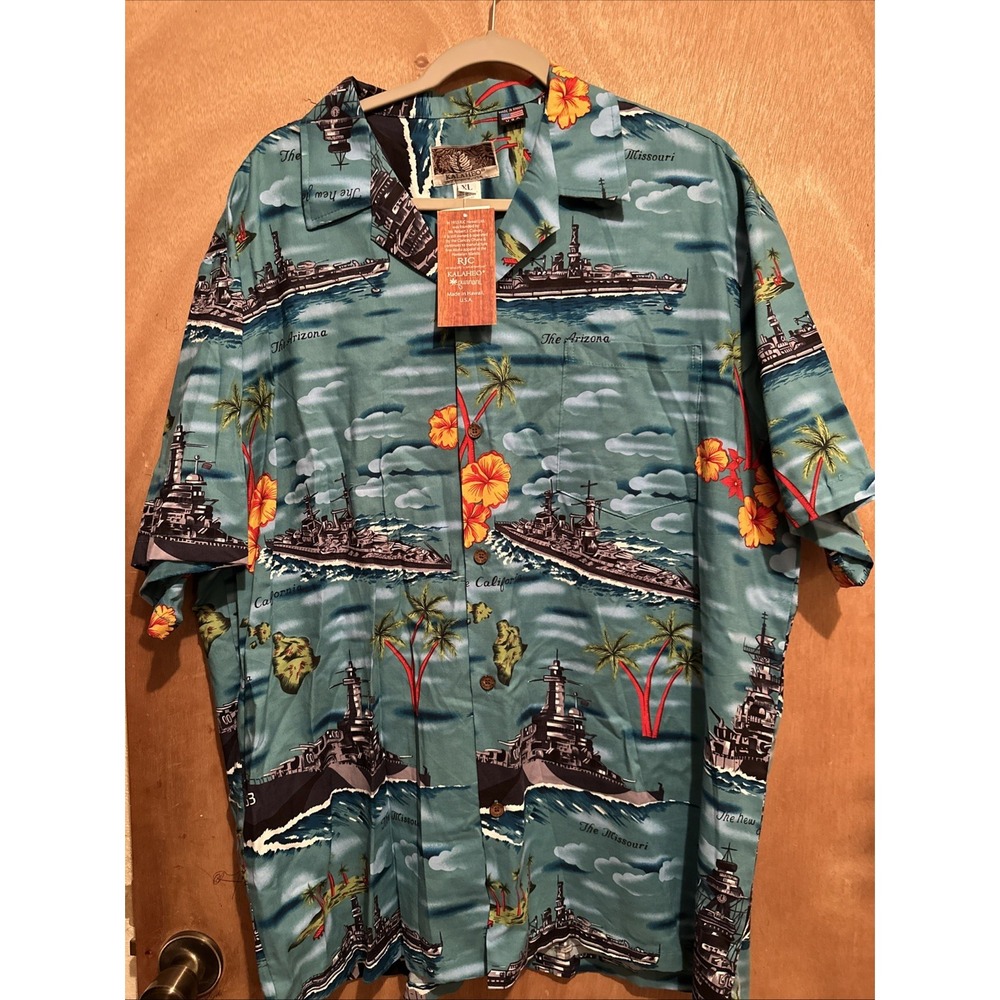 NWT! Vtg 70s KALAHEO HAWAIIAN SHIRT, BATTLESHIPS, COTTON/RAYON, GENEROUS Sz XL